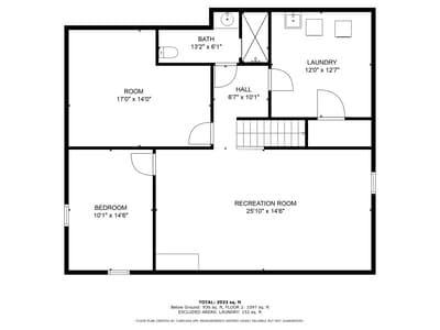 Spacious floor plan features bedroom, recreation room, laundry facilities, and full bathroom with thoughtful layout for comfortable living.