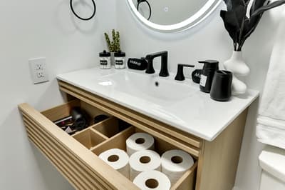 Your stylish bathroom vanity offers clever storage with pull-out drawers and premium amenities for your comfort.