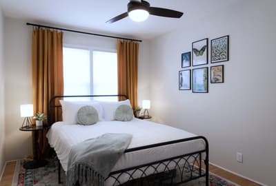 Relax in your serene bedroom with crisp white linens, modern ceiling fan, and charming nature artwork.