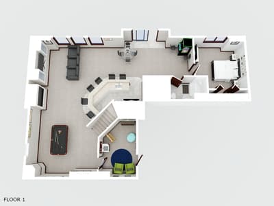 Floor plan showing spacious layout with living areas, kitchen, bedroom, and recreation space including pool table.