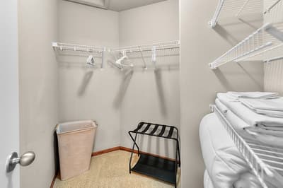 Your spacious walk-in closet features ample hanging space and shelving to keep all your vacation wardrobe organized and easily accessible.