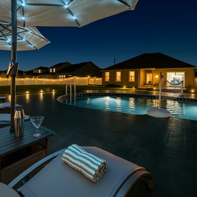 A beautifully lit swimming pool area surrounded by modern residential buildings creates an inviting evening atmosphere for relaxation.