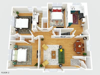 This floor plan reveals your spacious upstairs layout with two bedrooms, open living areas, and a full kitchen for comfortable stays.